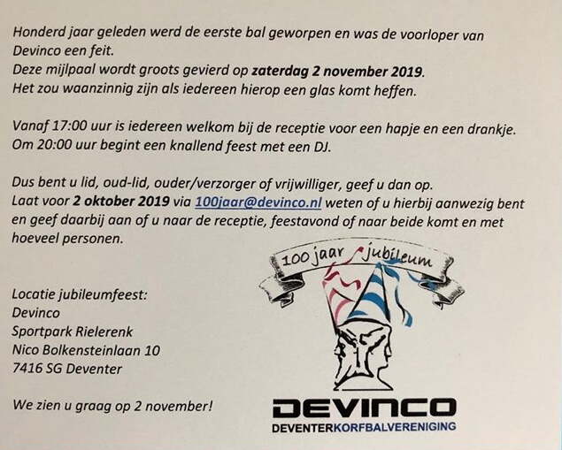 Uitnodiging Devinco 100 jaar korfbalvereniging 2019 tekst